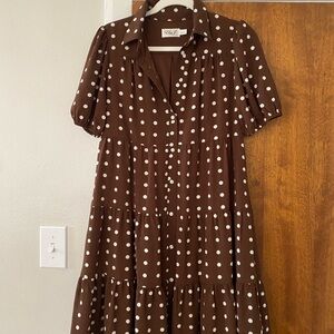 Eliza J Brown and White Puff Sleeve Midi Sundress